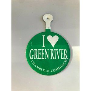 Vintage I love Green River Chamber comm Pinback Button Pin Metal Tin Litho Tab